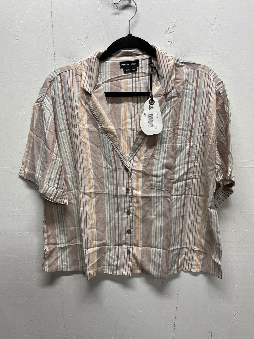 Prana Women's Iguala Top Button Up Cropped Blouse Size Large Short Sleeve NWT